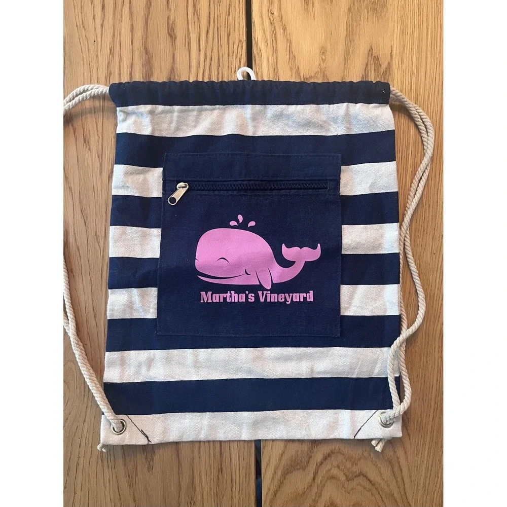 Martha's Vineyard Canvas Drawstring Backpack Navy White Striped Pink‎ Whale Bag